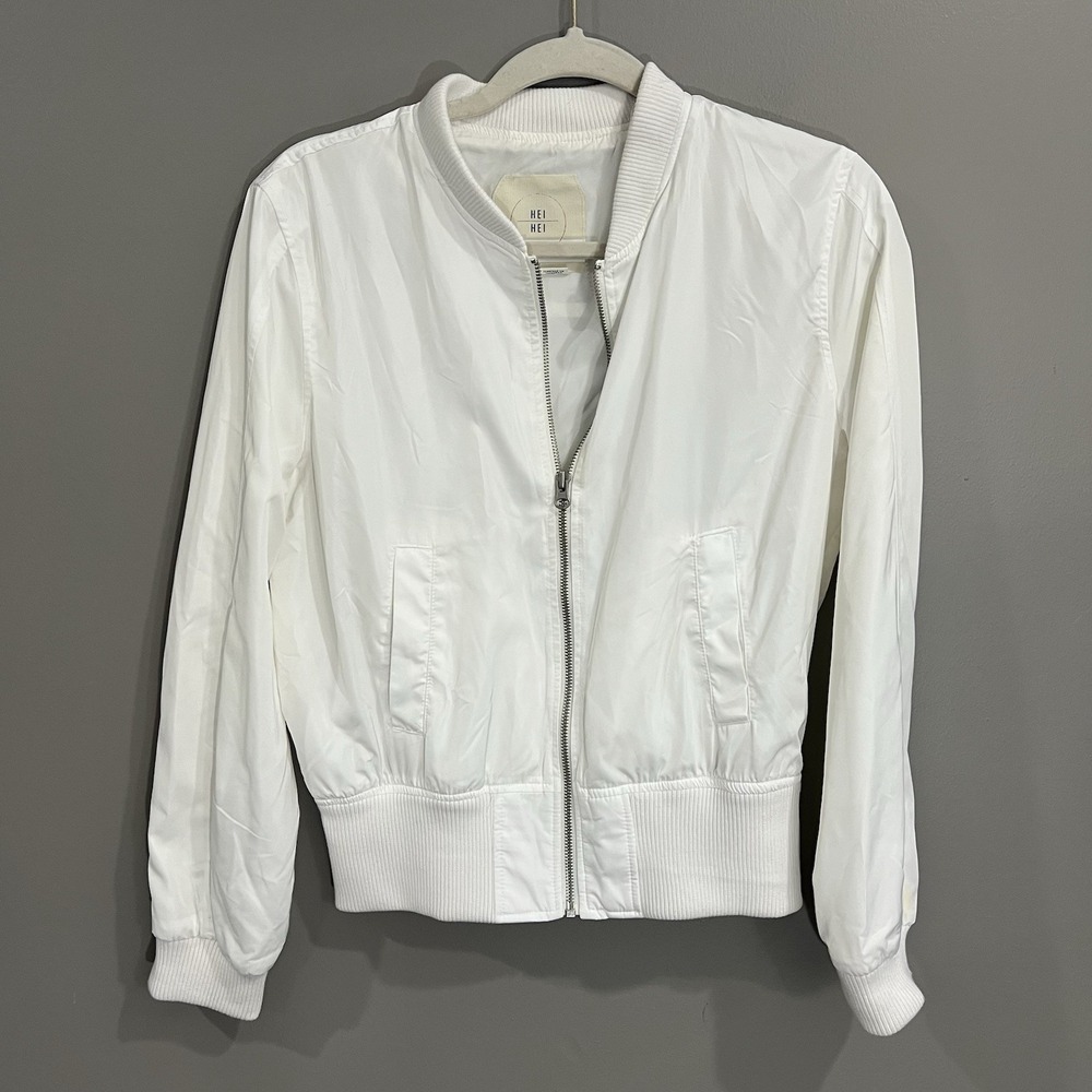 Hei Hei Bomber Jacket Womens Small White Great Anthropologie Full Zip Ribbed